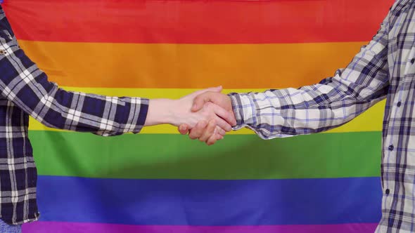 Close Up of a Handshake on the Background of the LGBT Flag