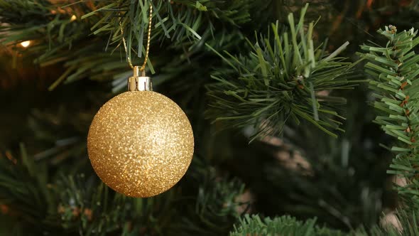 Glitering gold bauble hanged on the branch  4K 2160p 30fps UltraHD footage - Sparkling gold color or