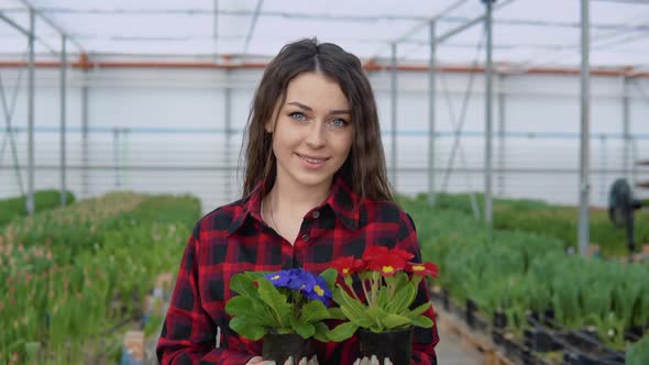 Young Girl Florist or Botanist in a Greenhouse Holding Two Pots of Blue and Red Flowers