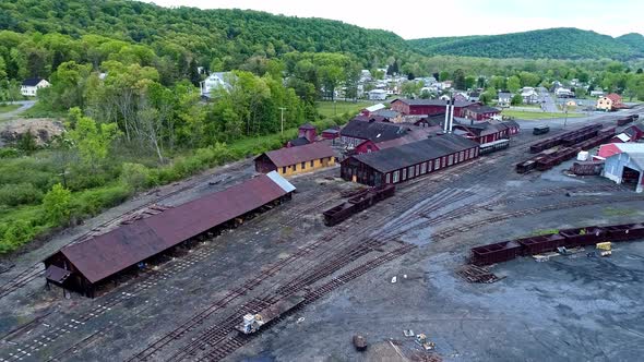 Aerial View of an Abandoned Narrow Gauge Coal Rail Road with Rusting Hoppers
