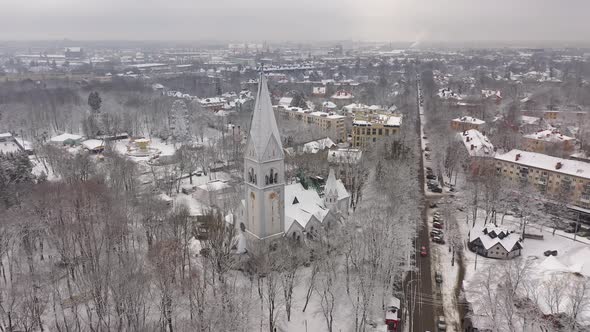 Aerial: The tower of Kaliningrad Puppet Theatre in the wintertime