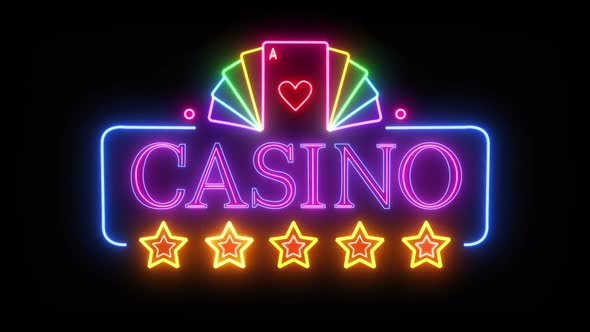Abstract Bright Casino Neon Sign With Stars And Poker Cards