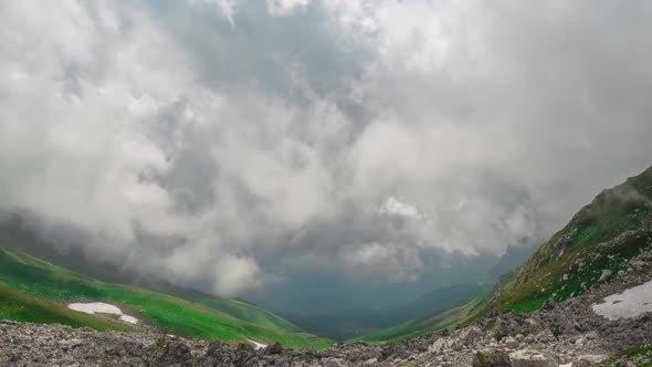 Beautiful Panoramic Shot of Mysterious Valley of the Stunning Adygei Mountains, Covered with Grass