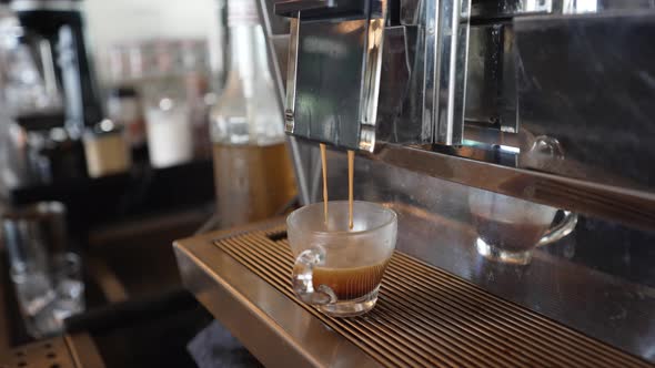 Espresso Machine Pouring Drink in Cup, Cafe Concept with Copy Space