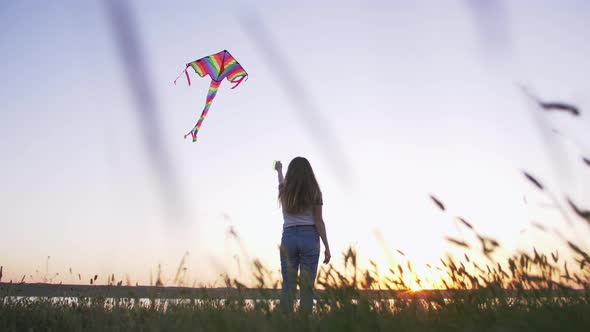 Happy Young Woman Playing with a Kite on a Glade with Lake Background at Sunset in Summer Low Angle