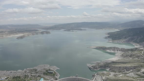 Water Reservoir and a Dam in Dagestan Aerial View of the Concrete Dam Chirkei Famous Hydroelectric