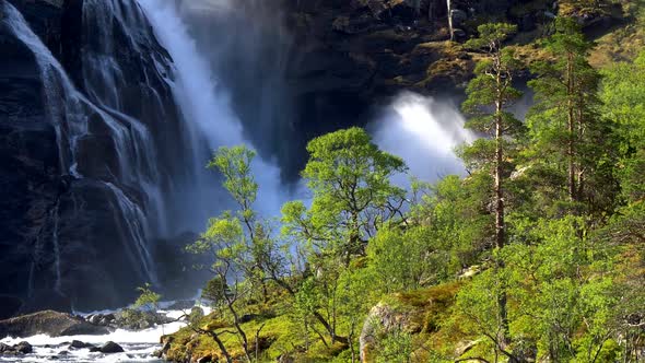 Nature of Norway, Nykkjesoyfossen Waterfall in Hardangervidda National Park, Zoom Out Shot