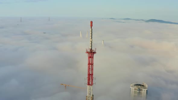 Drone View of the Vladivostok Lowlands Covered in Morning Sea Mist at Dawn