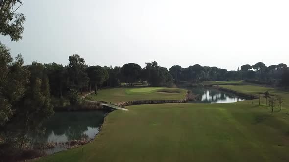 Beautiful landscape of golf course in aerial drone shot, Turkey