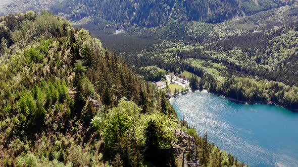 Beautiful view from the Signalkogel to the Lake Langbathsee and Mountains drone video