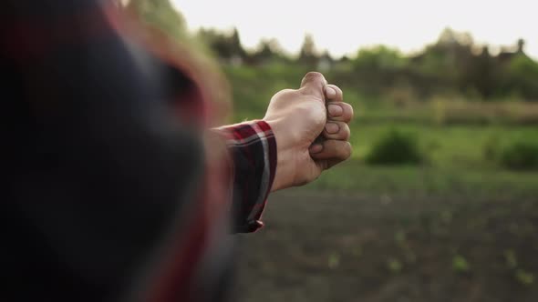 The Hand Throws The Earth The Dust Flies On The Background Of The Plantations Of The Earth, The Hand