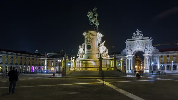 Triumphal Arch at Rua Augusta and Bronze Statue of King Jose I at Commerce Square Night Timelapse