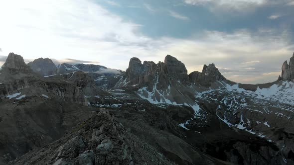 Drone Flying over Dolomites Mountains in Italy South Tyrol at Sunrise