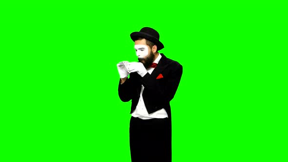 Funny Man Mime Counts Money and Hides It on Green Screen