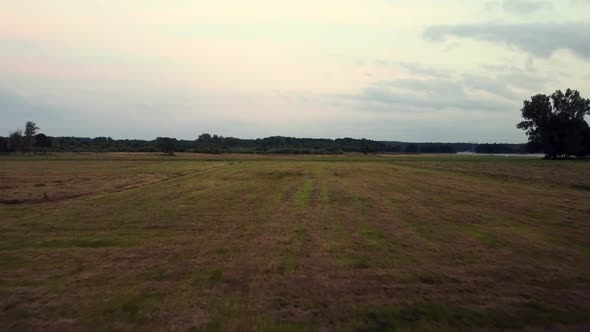 Perfect aerial flight sloly fly forwards drone shot over farmland fallow summer morningin nature re
