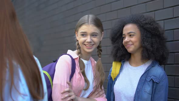 Mocking Schoolgirls Looking at Passing Classmate, School Bullying, Gossiping