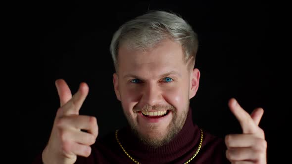 Glad Happy Stylish Young Man Smiling Excitedly and Pointing to Camera Beauty Choosing Lucky Winner