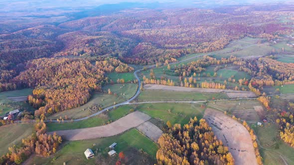 Flying Above Colorful Autumn Countryside Forest in the Mountains