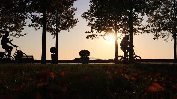 Silhouettes of Cyclist and Funny Dog in Park on Evening Sun Over Anatolian Part of Istanbul, Turkey,