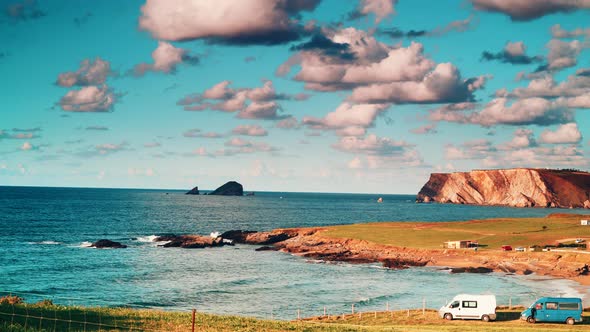 Camper Vans on Coast in Asturias Spain. Timelapse