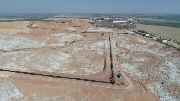 Mining of Potash Salt, Aerial View of Salt Piles and Industrial Quarries, Conveyor Line, View From