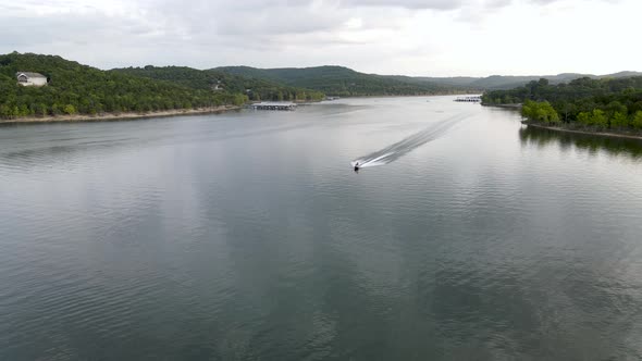 Jet Ski Waverunner in Tranquil Scene on American Lake State Park in Missouri, Aerial Drone View