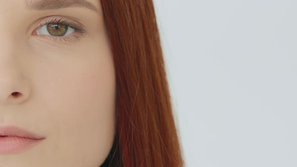 Close Up Female Portrait Redhaired Sad Caucasian Woman Half Face Perfect Clean Smooth Skin After