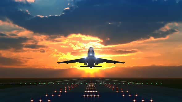 Airplane Taking off Against Scenic Sunset alt