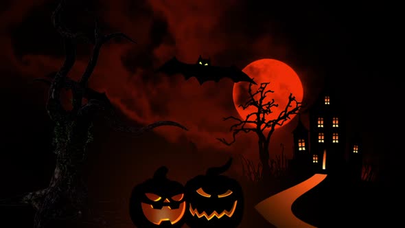 Halloween Blood Red Moon in Black Sky on Background House Silhouette Bare Trees Orange Pumpkin and