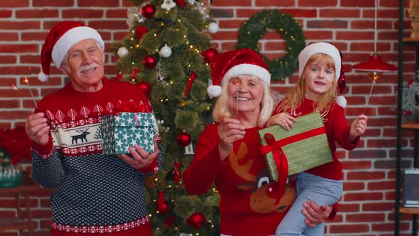 Happy Senior Couple Grandparents with Granddaughter Holding Lit Bengal Christmas Lights Sparklers