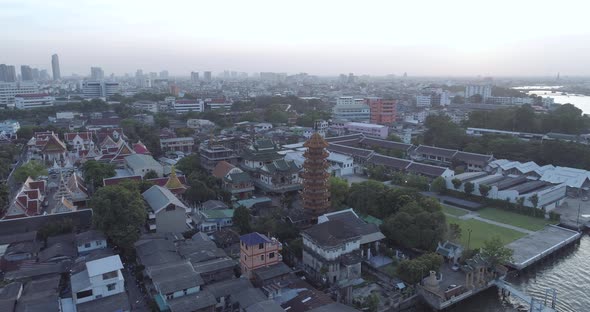 Aerial view of Jee Jin, a Chinese temple by the river in Bangkok, Thailand.