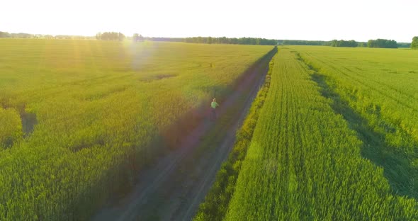 Aerial View on Young Boy, That Rides a Bicycle Thru a Wheat Grass Field on the Old Rural Road