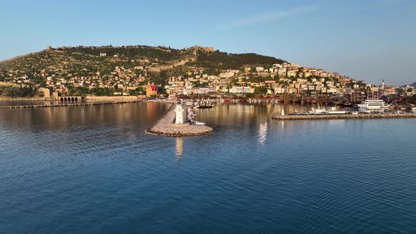 Lighthouse in Sunrıse moment aerial view Turkey Alanya 4 K