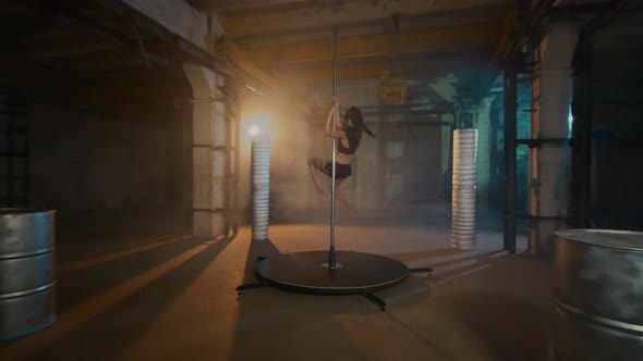 Beautiful Dancer On A Pole Performs A Scorpion Trick. Cyberpunk Style