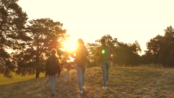 Three Girls Travel, Walk Through Woods To Climb Hill Rejoice and Raise Their Hands To the Top. Hiker