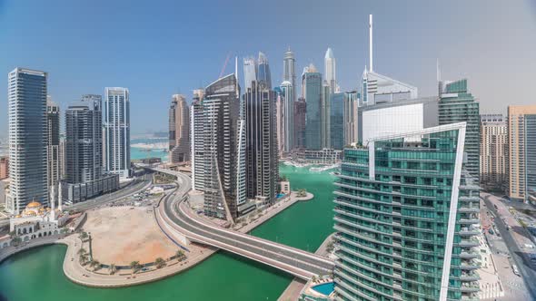 Aerial View of Dubai Marina Residential and Office Skyscrapers with Waterfront Timelapse