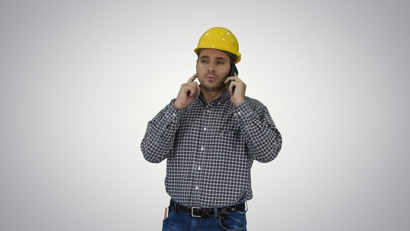 Construction Worker Using Smartphone on Gradient Background