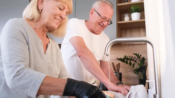 Senior Couple Wearing Protective Gloves Doing Housework in the Kitchen Wiping the Plates