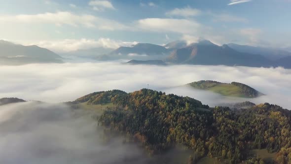 Morning Flight Above Foggy Clouds Forest Landscape in Autumn Nature Landscape