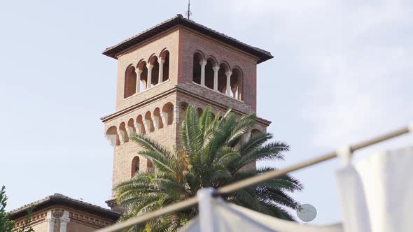 Slow motion dolly of beautiful church clocktower