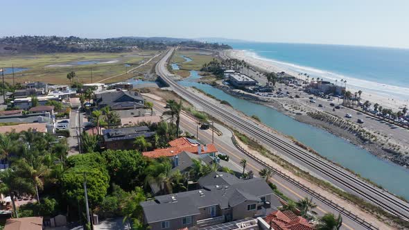 Aerial shot over Cardiff State Beach in Encinitas. Beach front homes on the coast