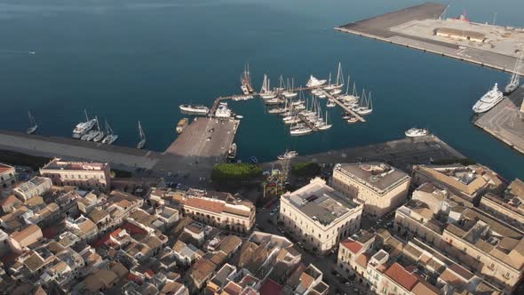 Drone Flies Above the Ortygia Ortigia Island in Province of Siracusa  in Sicily Italy