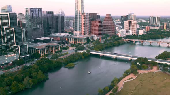 After sunset drone time-lapse of Austin TX, downtown area