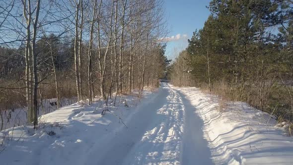 Upper View Camera Removes Over Empty Track in Winter Woods