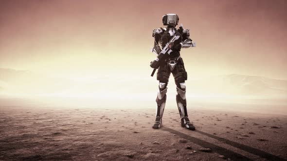 Futuristic Soldier in Desert at Sandstorm alt