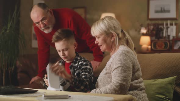 Grandparents Watching Grandson Preparing VR Goggles