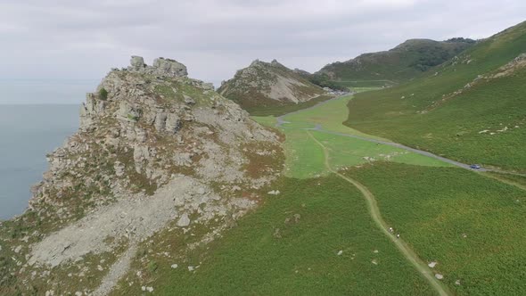 Forward tracking aerial across the vast Exmoor moorland and the stunning cliffy rocks known at the V