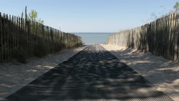 Path as  natural border fence and pines to sea made of wooden planks 4K 3840X2160 UltraHD footage - 