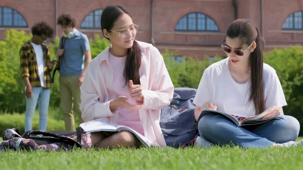 Diverse Female Students Outdoor Studying Together Reading Book Sitting at Park in University