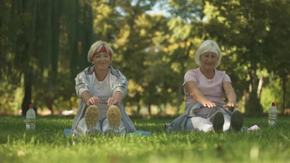 Middle and Elder Age Women Doing Exercise in Park, Stretching Their Bodies